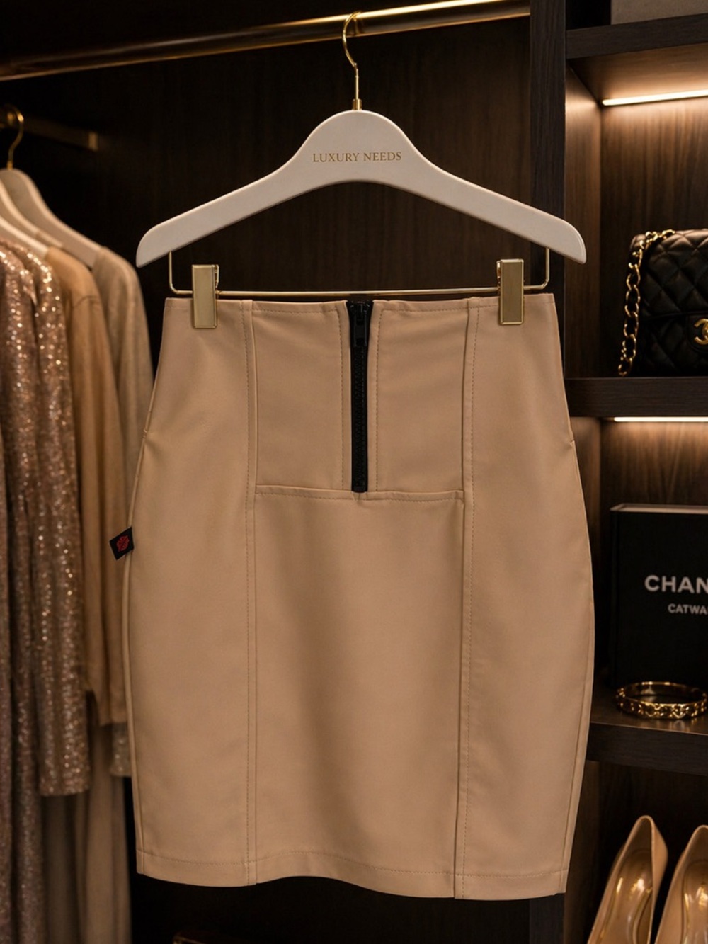 Women Brazilian Imported Beige Stretch Midi Skirt with Zipper